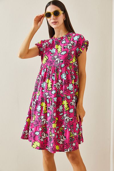 XHAN Fuchsia Floral Patterned Crew Neck Robe Mini Dress 5Yxk6-48872-07