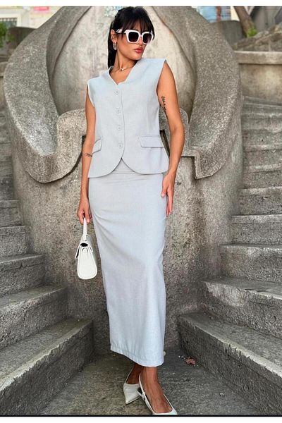 My Blog Polyviscon Gray Vest and Slit Skirt Set