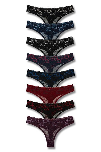 HNX 8-Piece Front Lace Back Double Layer Cotton Thong Women's Panties