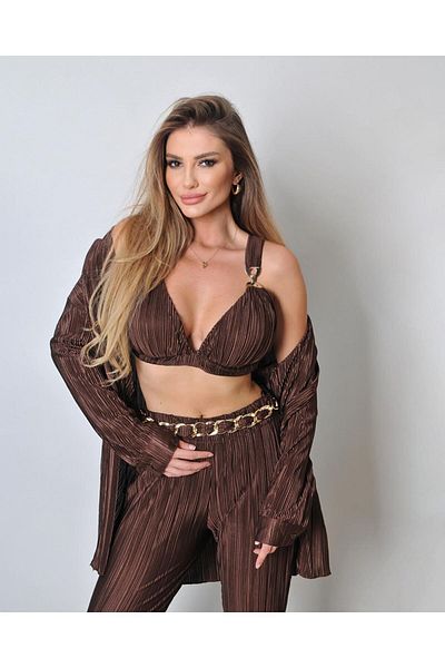 ByRanaBuyuk Brown 3-Piece Pleat Set