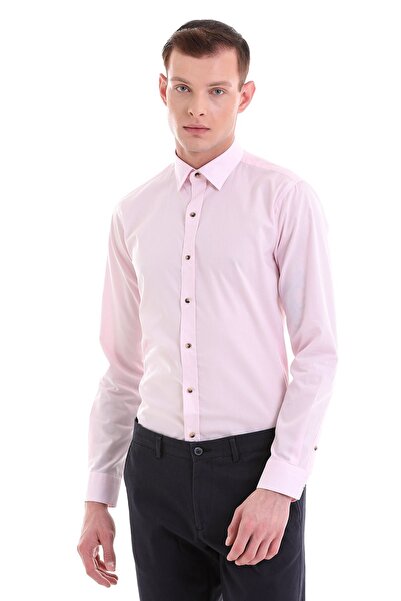 Hatemoğlu Pink Comfort Fit Striped 100% Cotton Slim Collar Long Sleeve Casual...