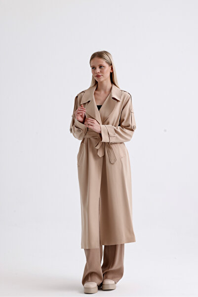 DOLCEBELLA Kadın Bornoz Fleto Cepli Ekru Trençkot