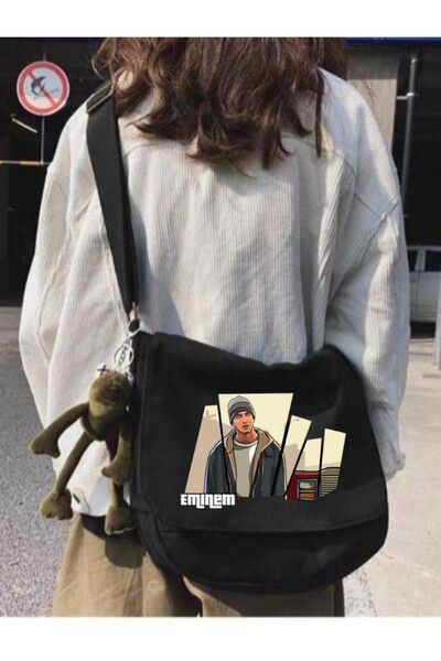Genel Markalar Siyah Eminem Baskılı Unisex Askılı Postacı Çanta