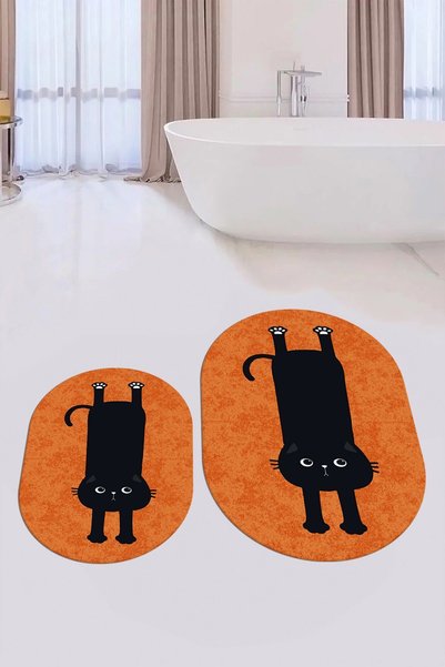 EY HOME Digital Washable Non-Slip Cute Cat Double-Sided Bathroom Rug Mat Oval Toilet Set