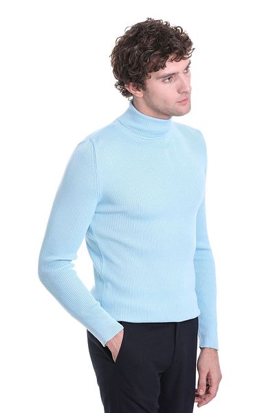 Hatemoğlu Pulover albastru din lână cu gât cu nervuri slim fit
