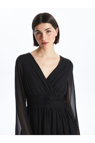 LC Waikiki Double Breasted Collar Solid Long Sleeve Chiffon Women's Dress