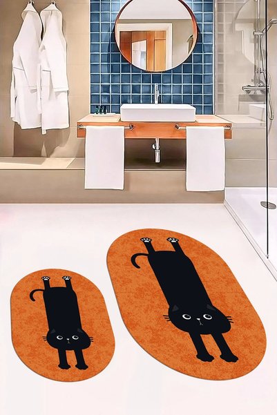EY HOME Digital Washable Non-Slip Cute Cat Double-Sided Bathroom Rug Mat Oval Toilet Set