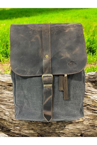 Old Cotton Vintage Design Leather Canvas Backpack - Single Compartment, Drawstring Cover, GDS Bag 7120
