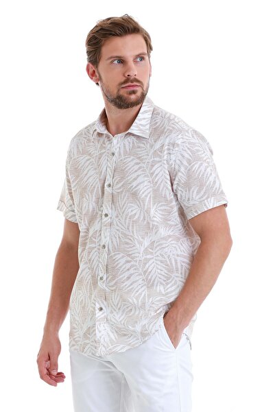 Hatemoğlu Μπεζ Comfort Fit εμπριμέ 100% βαμβακερό κοντομάνικο πουκάμισο με λεπτή λαιμόκοψη