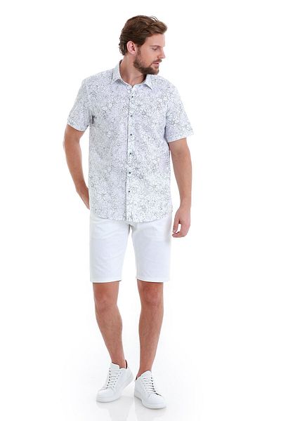 Hatemoğlu Μπλε Navy Comfort Fit εμπριμέ 100% βαμβακερό κοντομάνικο πουκάμισο με λεπτή λαιμόκοψη