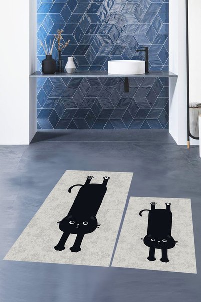EY HOME Digital Printed Washable Non-Slip Cute Cat Double-Sided Bathroom Rug Mat Toilet Seat Set