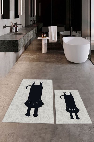 EY HOME Digital Printed Washable Non-Slip Cute Cat Double-Sided Bathroom Rug Mat Toilet Seat Set