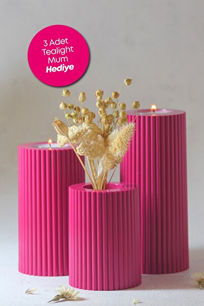 PRİME HOME 3 Lü Pembe Mumluk Dekoratif  Tealight Set Mum Abs Plastik