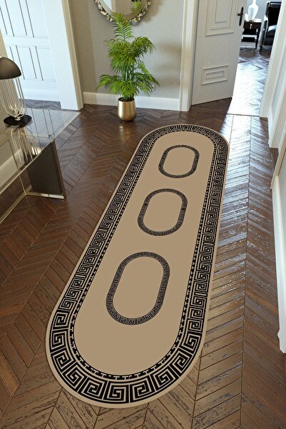 10 Post Online Black Beige Non-Slip Runner - Washable Thin Digital Printed Hallway Carpet