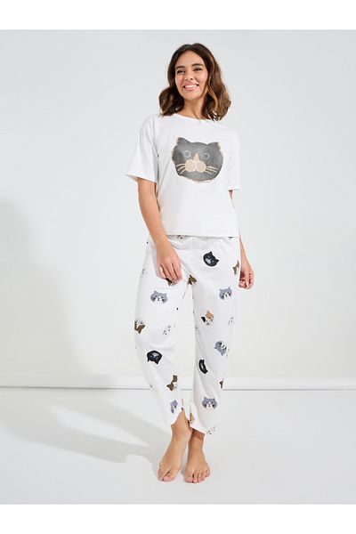 Styli Cat Print T-Shirt & Pyjama Set