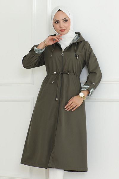 Modamihram Khaki Hooded Zippered Trench Coat - 19205