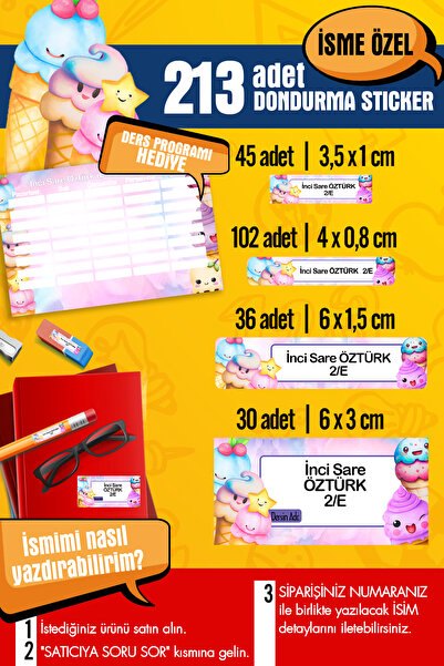 SelisCraft Okul Etiketi DONDURMA Temalı Özel İsim Yazılabilen Kalem, Defter, ...