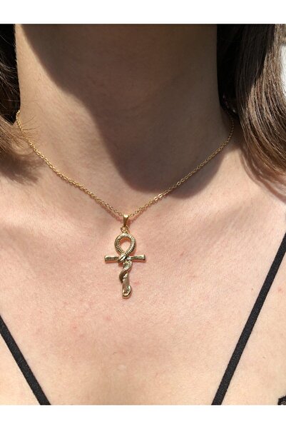 Claritas Takı Kadın Altın Kaplama Yılan Detaylı Ankh Kolye