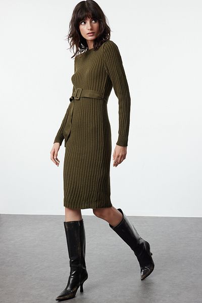 Trendyol Collection Kötött, khaki mini ruha övvel - TWOAW23EL00444