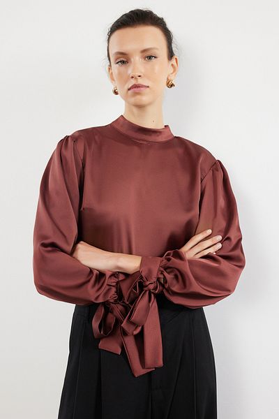 Trendyol Collection Υφαντή λεπτομέρεια καφέ μπλούζα - Λεπτομέρεια γραβάτας, TOFAW19FG0082
