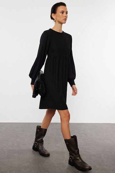 Trendyol Collection Μαύρο Flounce Skater/Waist Wrap/Μίνι πλεκτό φόρεμα με υφή TWOAW23EL00371
