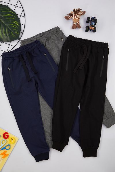 TRENDYOLKIDS Námořnická modř-černo-antracitové 3dílné pletené tepláky TKDAW25EA00001 - na zip a elastický pas