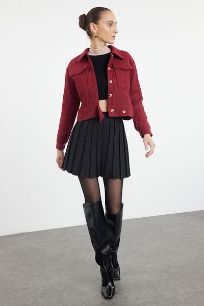 Trendyol Collection Jachetă țesătă crop cu nasturi cu buzunar maro închis TWOAW21CE0020