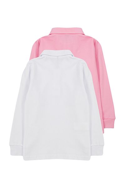 TRENDYOLKIDS White and Pink Seasonal Polo Collar Long Sleeve T-shirts for Girls Set of 2 - Tkdaw25ts00004