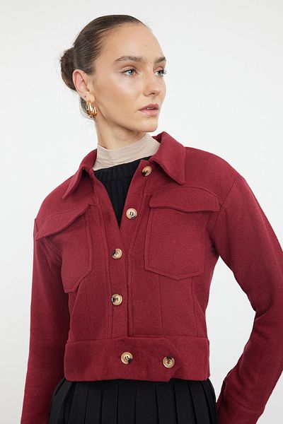 Trendyol Collection Jachetă țesătă crop cu nasturi cu buzunar maro închis TWOAW21CE0020
