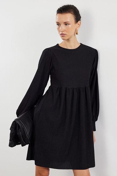 Trendyol Collection Μαύρο Flounce Skater/Waist Wrap/Μίνι πλεκτό φόρεμα με υφή TWOAW23EL00371