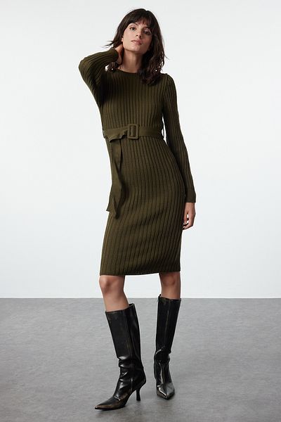 Trendyol Collection Kötött, khaki mini ruha övvel - TWOAW23EL00444