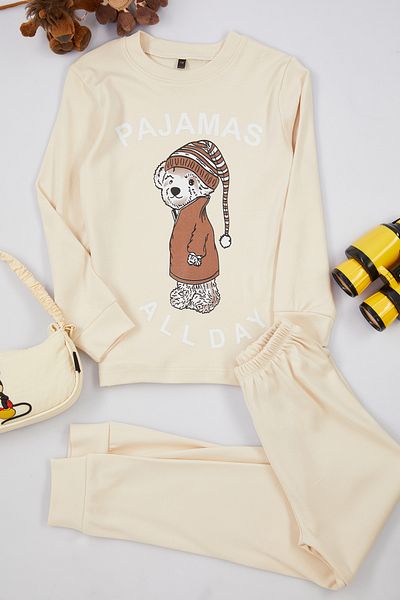 TRENDYOLKIDS Beige Girl Seasonal-Thin Floral Patterned Pajamas Set Knitted Bottom-Top Suit Tkdaw25Au00012