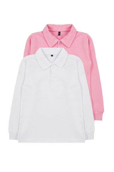 TRENDYOLKIDS White and Pink Seasonal Polo Collar Long Sleeve T-shirts for Girls Set of 2 - Tkdaw25ts00004