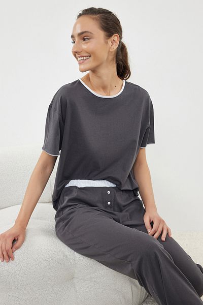 Trendyol Collection Σετ Πιτζάμες Πλεκτής Χρώμα Ανθρακί - 100% Βαμβάκι, Λάστιχο Σωληνώσεων και Μέσης THMAW25PT00007