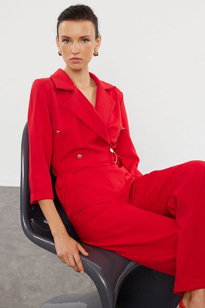 Trendyol Collection Long Red Double Breasted Jumpsuit - Belted, Woven, TWOAW23TU00017