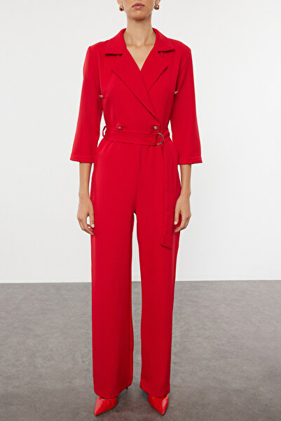 Trendyol Collection Long Red Double Breasted Jumpsuit - Belted, Woven, TWOAW23TU00017