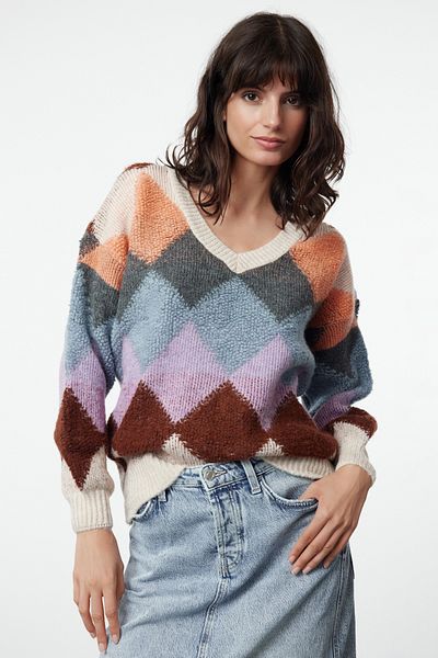 Trendyol Collection Pulover de tricotaj cu decolteu în V cu blocuri de culoare - Textura moale de piatră TWOAW25KZ00262