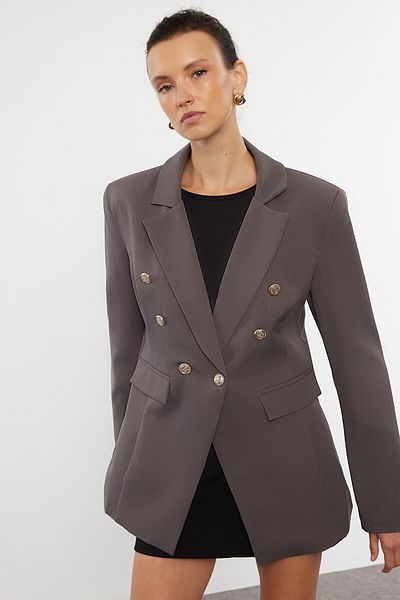 Trendyol Collection Graue taillierte Blazerjacke - Knopfleiste und Futter, tailliertes Muster TWOAW25BC00021