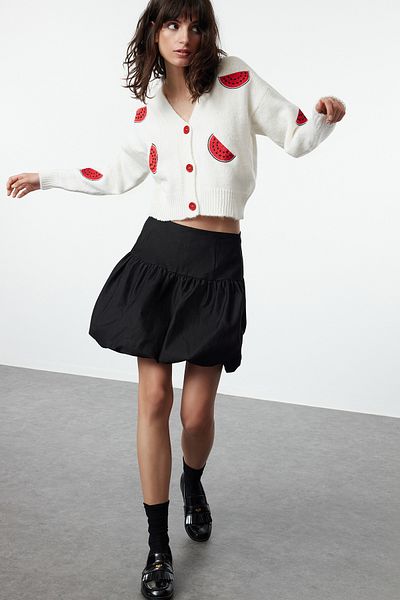 Trendyol Collection V-Neck Watermelon Patterned Soft Knitwear Cardigan - Ecru Twoaw25Hi00289