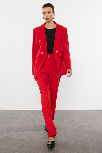Trendyol Collection Piros szabású blézerkabát - csomózott részletek és bélelt, derékra ülő szőtt TWOAW25BC00021
