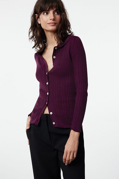 Trendyol Collection Pflaumenfarbener Strick-Cardigan mit geripptem Polokragen TWOAW20HI0070
