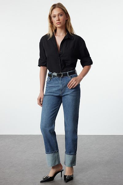 Trendyol Collection Blugi drepti cu talie înaltă cu picior albastru TWOAW25JE00045