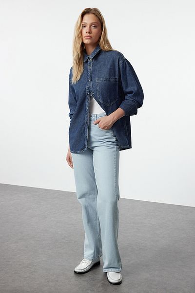 Trendyol Collection Blugi albaștri cu talie înaltă și picioare late - TWOAW25JE00108
