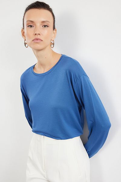 Trendyol Collection Indigo Wide Fit pletené tričko s dlouhým rukávem, Twoaw25Ts00010