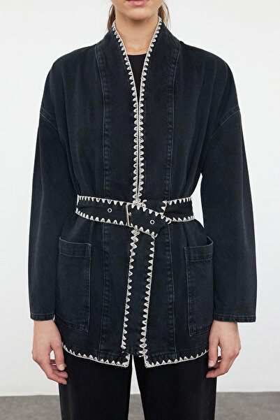 Trendyol Collection Oversize Black Embroidered Belted Denim Jacket - TWOAW25CE00024