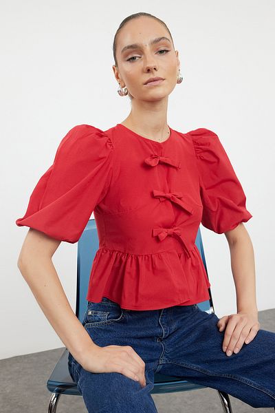 Trendyol Collection Red Woven Shirt with Balloon Sleeves - TWOSS24GO00236