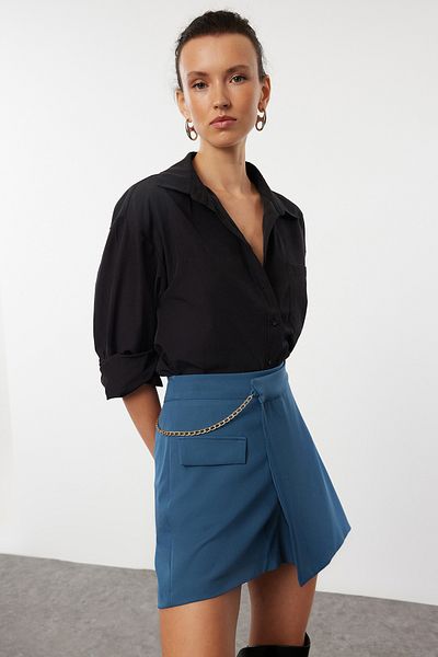 Trendyol Collection Dvouřadá indigová sukně s řetízkem, tkaná, TWOAW23SR00067