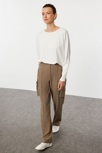 Trendyol Collection Long Sleeve Ecru Knitted T-Shirt - Oversize, Wide Fit TWOAW25TS00010