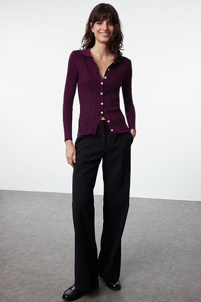 Trendyol Collection Pflaumenfarbener Strick-Cardigan mit geripptem Polokragen TWOAW20HI0070