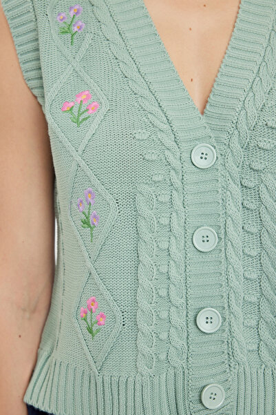 Trendyol Collection Mint Flower Patterned Embroidery Knitwear Vest - Twoaw23Sv00025